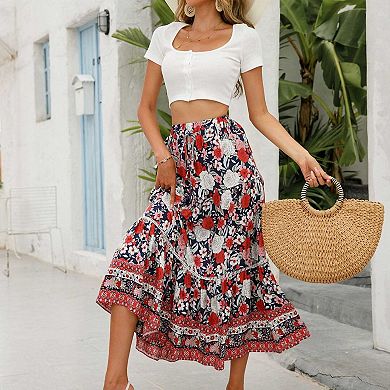 Women's Boho Floral Maxi Skirt, Elastic Waist Tiered Flowy Beach Skirt