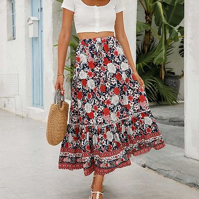 Women's Boho Floral Maxi Skirt, Elastic Waist Tiered Flowy Beach Skirt