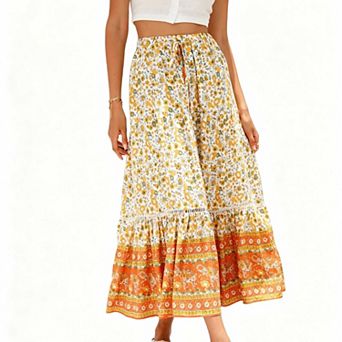 Women's Boho Floral Maxi Skirt, Elastic Waist Tiered Flowy Beach Skirt