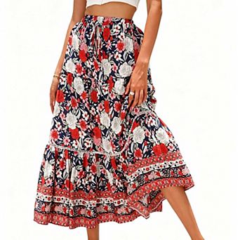 Women's Boho Floral Maxi Skirt, Elastic Waist Tiered Flowy Beach Skirt