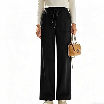 Women's Corduroy Wide Leg Pants, Elastic Drawstring High Waist Trousers with Pockets