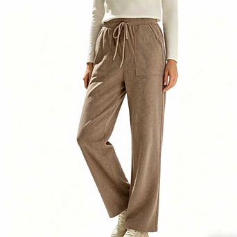 Women's Corduroy Wide Leg Pants, Elastic Drawstring High Waist Trousers with Pockets