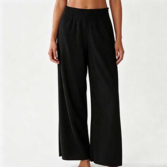 Women's Elastic Waist Wide Leg Pants, Ribbed Casual Trousers with Pockets