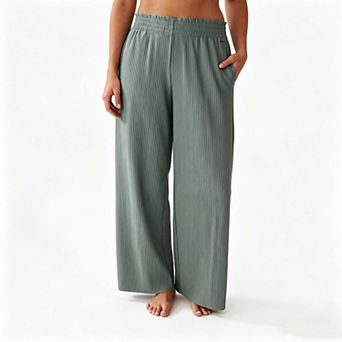 Women's Elastic Waist Wide Leg Pants, Ribbed Casual Trousers with Pockets