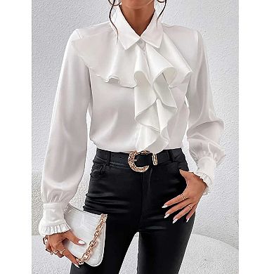 Women's Ruffle Trim Collared Blouse, Long Sleeve Satin Office Shirt