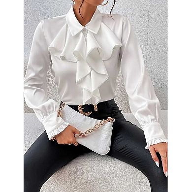 Women's Ruffle Trim Collared Blouse, Long Sleeve Satin Office Shirt