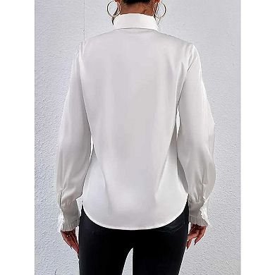 Women's Ruffle Trim Collared Blouse, Long Sleeve Satin Office Shirt