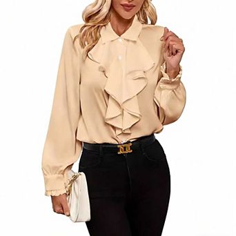 Women's Ruffle Trim Collared Blouse, Long Sleeve Satin Office Shirt