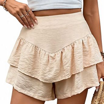 Women's Tiered Ruffle Skort, High Waist Textured Wide Leg Short Skirt