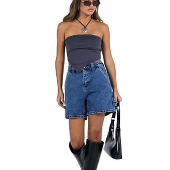 Women's High Waist Cargo Denim Shorts, Utility Pocket Straight Leg Jean Shorts