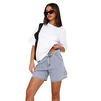 Women's High Waist Cargo Denim Shorts, Utility Pocket Straight Leg Jean Shorts