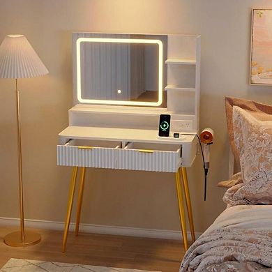 31.5" Modern LED Vanity Desk with 3-Color Light, Power Outlet, Drawers & Shelves