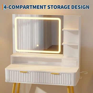 31.5" Modern LED Vanity Desk with 3-Color Light, Power Outlet, Drawers & Shelves