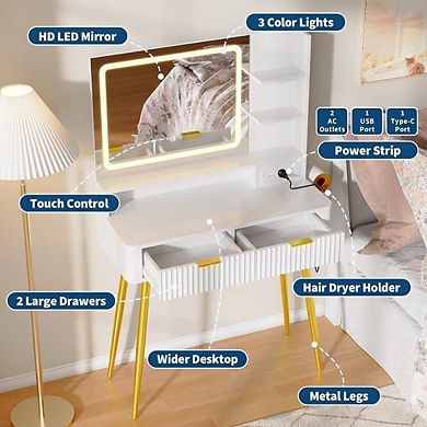 31.5" Modern LED Vanity Desk with 3-Color Light, Power Outlet, Drawers & Shelves