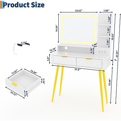31.5" Modern LED Vanity Desk with 3-Color Light, Power Outlet, Drawers & Shelves