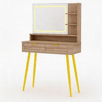 31.5" Modern LED Vanity Desk with 3-Color Light, Power Outlet, Drawers & Shelves