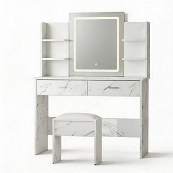 Modern Minimalist Vanity Table, Marble Top & Mirror
