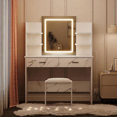 Modern Minimalist Vanity Table, Marble Top & Mirror