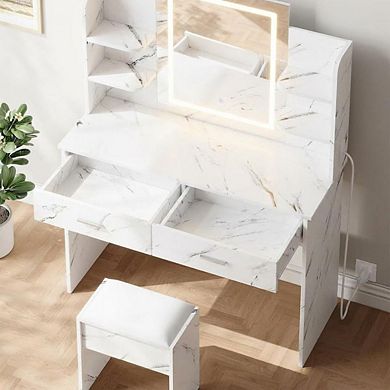 Modern Minimalist Vanity Table, Marble Top & Mirror