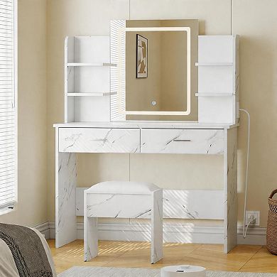 Modern Minimalist Vanity Table, Marble Top & Mirror