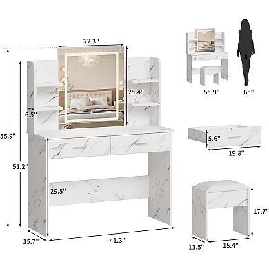Modern Minimalist Vanity Table, Marble Top & Mirror