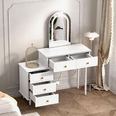 White Modern Vanity Desk: Lighted Mirror & 5 Drawers