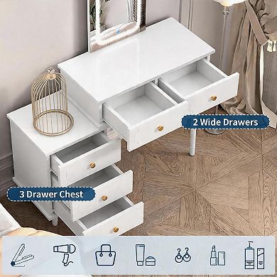 White Modern Vanity Desk: Lighted Mirror & 5 Drawers