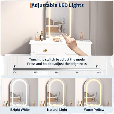 White Modern Vanity Desk: Lighted Mirror & 5 Drawers