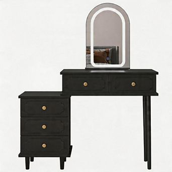 White Modern Vanity Desk: Lighted Mirror & 5 Drawers
