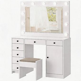 White Vanity with LED Mirror, Charging, 7 Drawers, Cabinet & 3 Light Modes