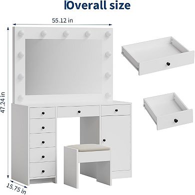 White Vanity with LED Mirror, Charging, 7 Drawers, Cabinet & 3 Light Modes