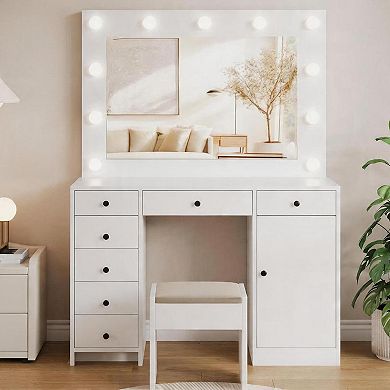 White Vanity with LED Mirror, Charging, 7 Drawers, Cabinet & 3 Light Modes