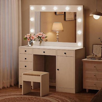 White Vanity with LED Mirror, Charging, 7 Drawers, Cabinet & 3 Light Modes