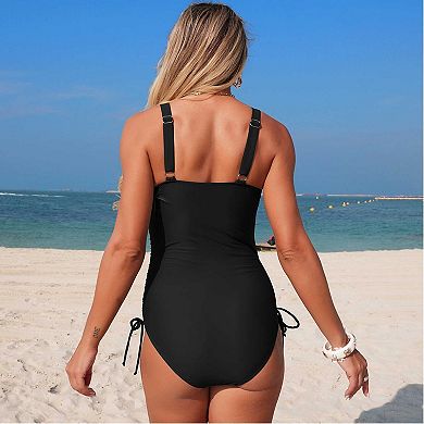 Women's Palm Tree Cutout One Piece Swimsuit, V Neck Tie Side Bathing Suit