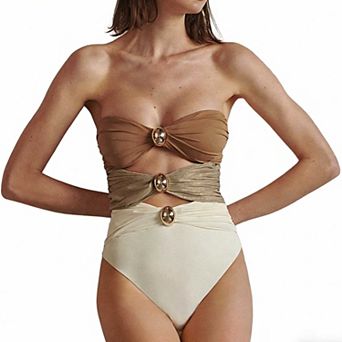 Women's Cutout One-Piece Swimsuit, High Waist Color Block Bathing Suit with Gold Accents