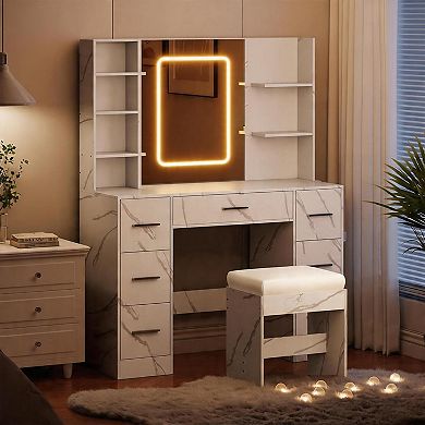 43" LED Makeup Vanity Set: 7 Drawers, Open Shelves, Power Outlets & Mirror