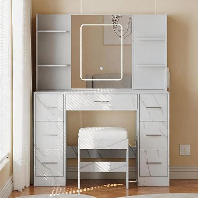 43" LED Makeup Vanity Set: 7 Drawers, Open Shelves, Power Outlets & Mirror