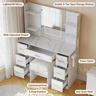 43" LED Makeup Vanity Set: 7 Drawers, Open Shelves, Power Outlets & Mirror