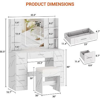 43" LED Makeup Vanity Set: 7 Drawers, Open Shelves, Power Outlets & Mirror