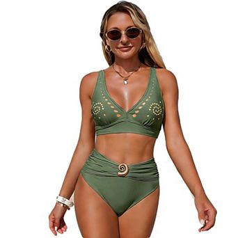 Women's Sporty High Waist Bikini Set, Cutout Two Piece Swimsuits with Wide Straps