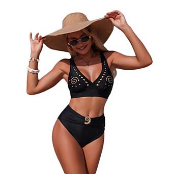 Women's Sporty High Waist Bikini Set, Cutout Two Piece Swimsuits with Wide Straps