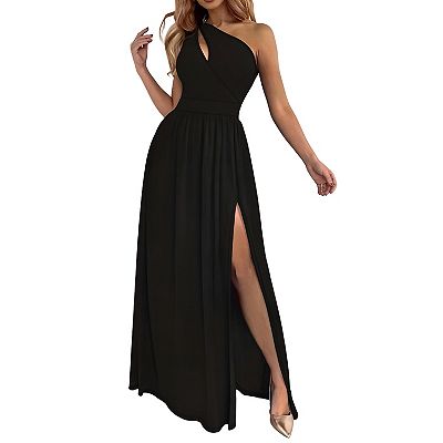 black one shoulder wedding guest dress Zapaka Women Black Long Mother of the Bride Dress with Lace One Shoulder  Ruched A Line Wedding Guest Dress with Sleeves  ZAPAKA
