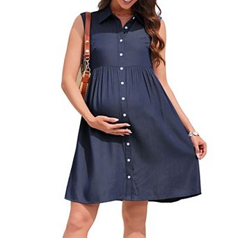 Women's Sleeveless Maternity Shirt Dress Button Down Casual Denim Look Short Dresses for Pregnancy