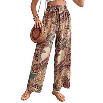 Women's Elastic Waist Paisley Print Wide Leg Pants, Flowy Casual Palazzo Trousers