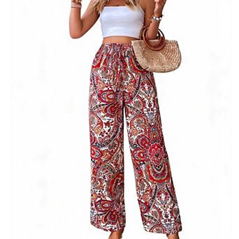 Women's Elastic Waist Paisley Print Wide Leg Pants, Flowy Casual Palazzo Trousers
