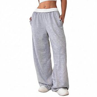 Women's Contrast Waist Drawstring Wide Leg Sweatpants