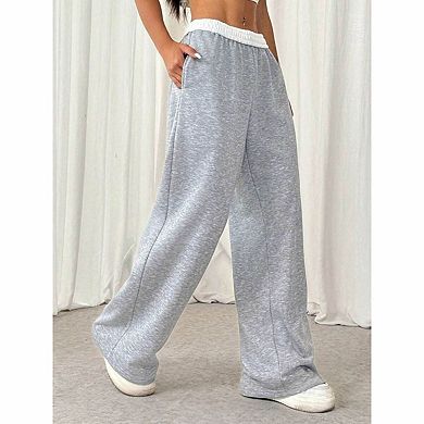 Women's Contrast Waist Drawstring Wide Leg Sweatpants