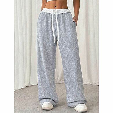 Women's Contrast Waist Drawstring Wide Leg Sweatpants