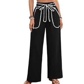 Women's Lace Trim Wide Leg Pants, Elastic Waist with Bow Tie Casual Trousers