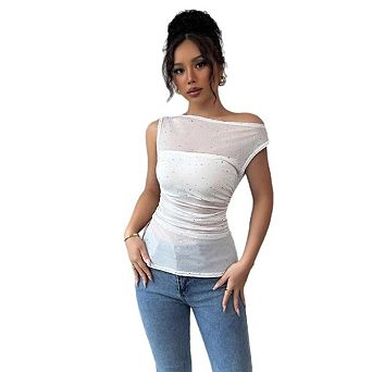 Women's Asymmetric Neck Ruched Top, Sparkle Mesh Sleeveless Fitted Blouse